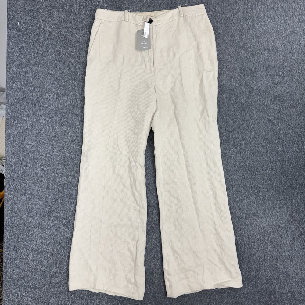 NEW H&M White Linen Wide-Leg Women's Dress Pants, Size 14, Zipper, Flat Front